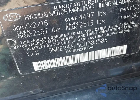 2016 Hyundai Sonata Se из США, поврежденный, VIN 5NPE24AF5GH383585